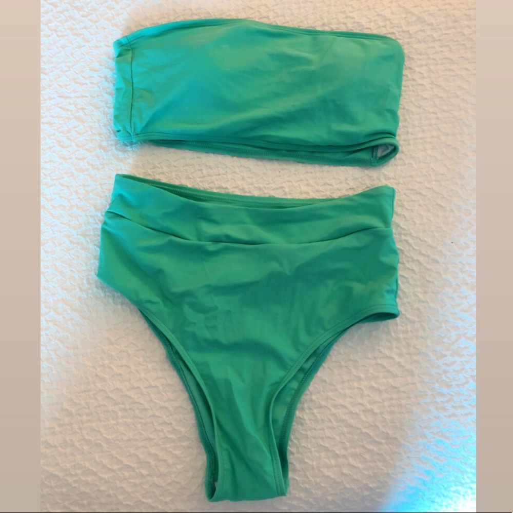 teal bandeau bikini with high waisted bottoms
